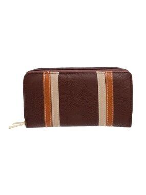 Brown Striped Faux Leather Double Zipper Wallet Wristlet - 7.5 x 4 x 1.5 Inches
